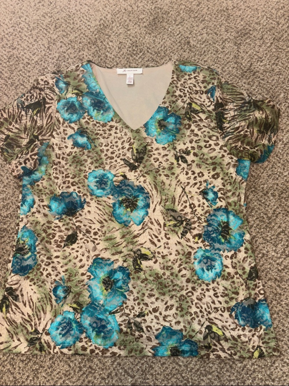 JM Collection Teal Blue Floral V-Neck Blouse Large
